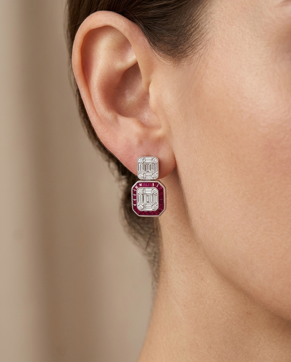 18KT White Gold Ruby and Diamond Earring on model