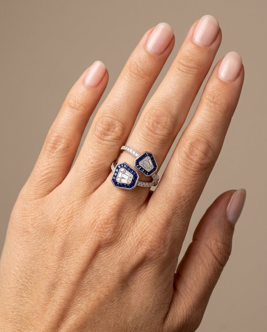 18KT White Gold Blue Sapphire and Diamond Ring on model