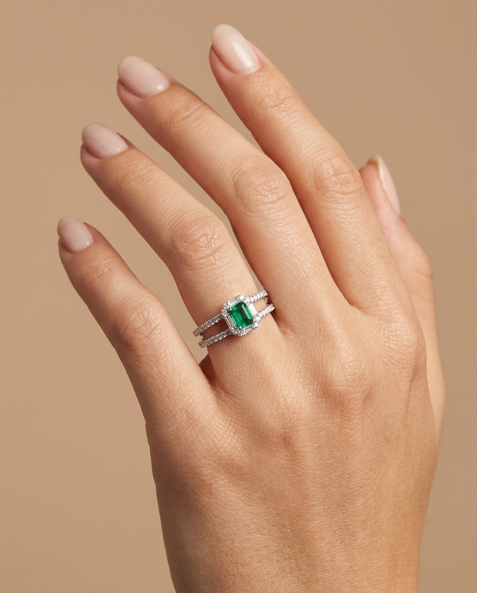 18KT White Gold Emerald and Diamond Ring on model