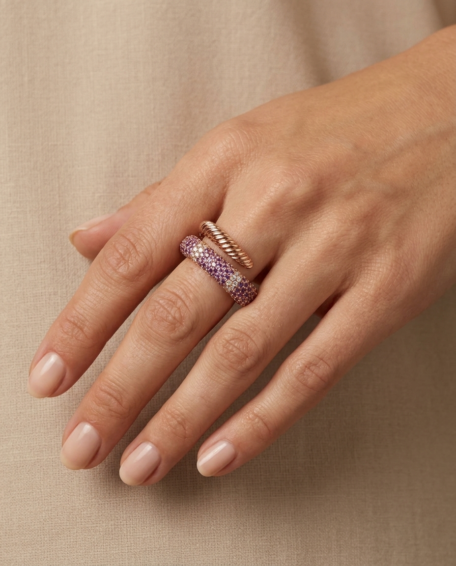 18KT Rose Gold Pink Sapphire and Diamond Ring on model