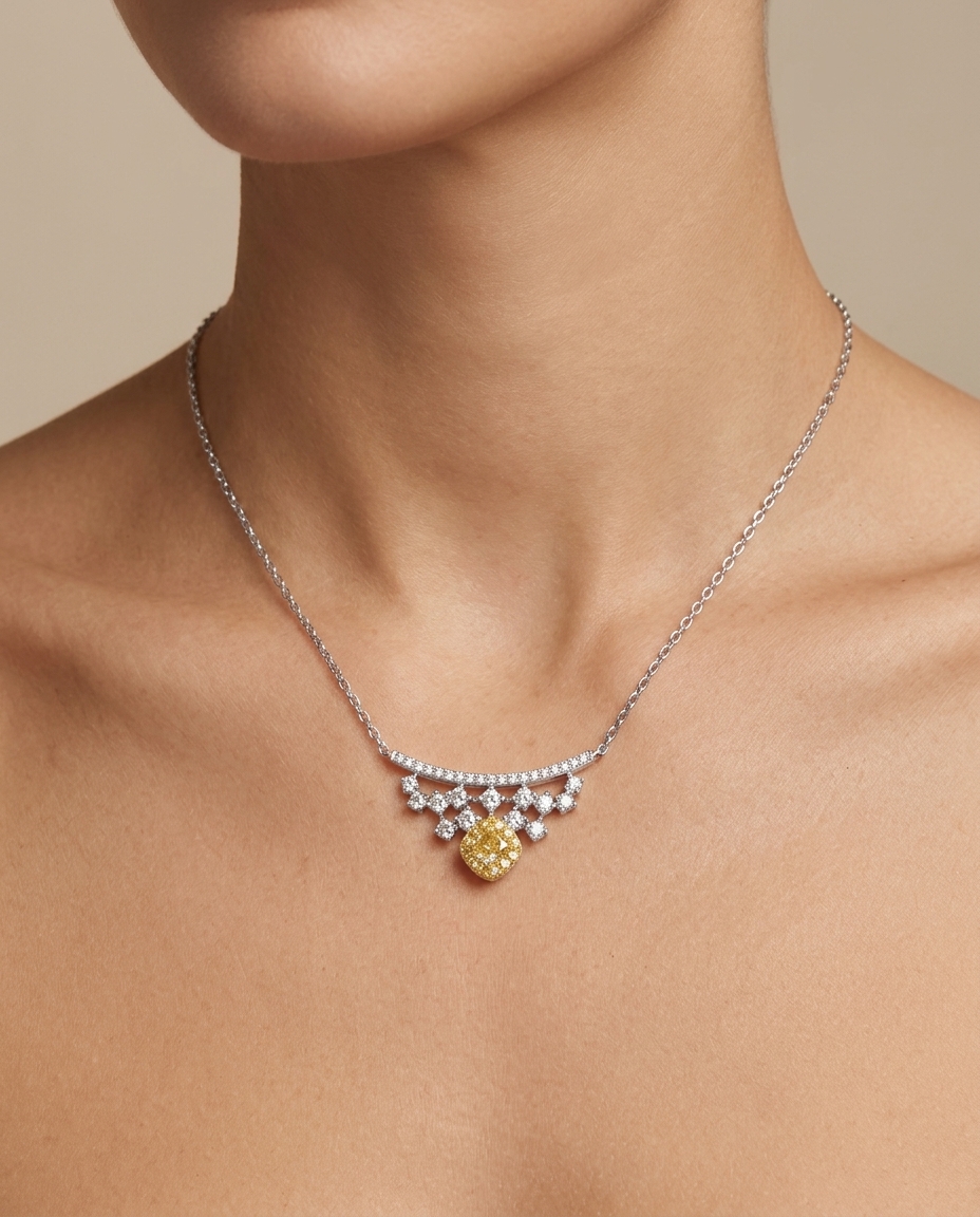 18KT White Gold Diamond and Yellow Diamond Necklace on model