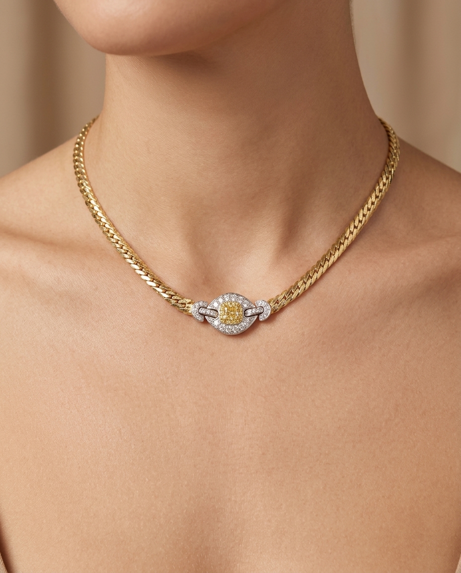 18KT Yellow Gold Diamond and Yellow Diamond Necklace on model