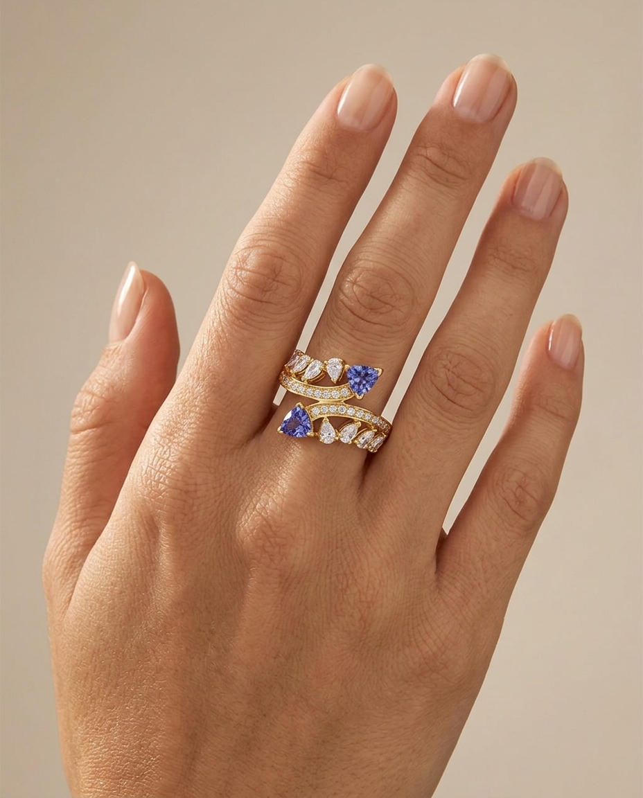 14KT Gold Tanzanite Ring with Diamonds on model