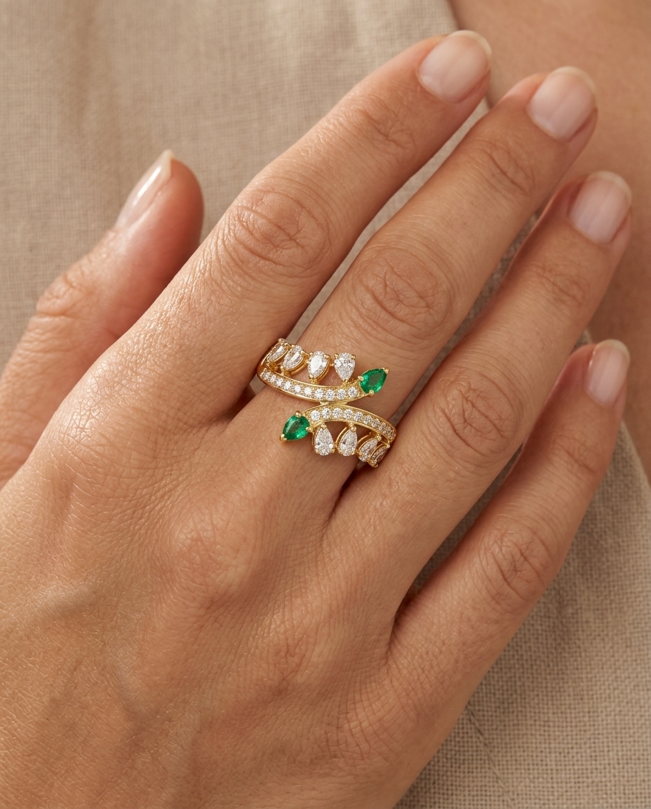 14KT Gold Emerald and Diamonds Ring on model