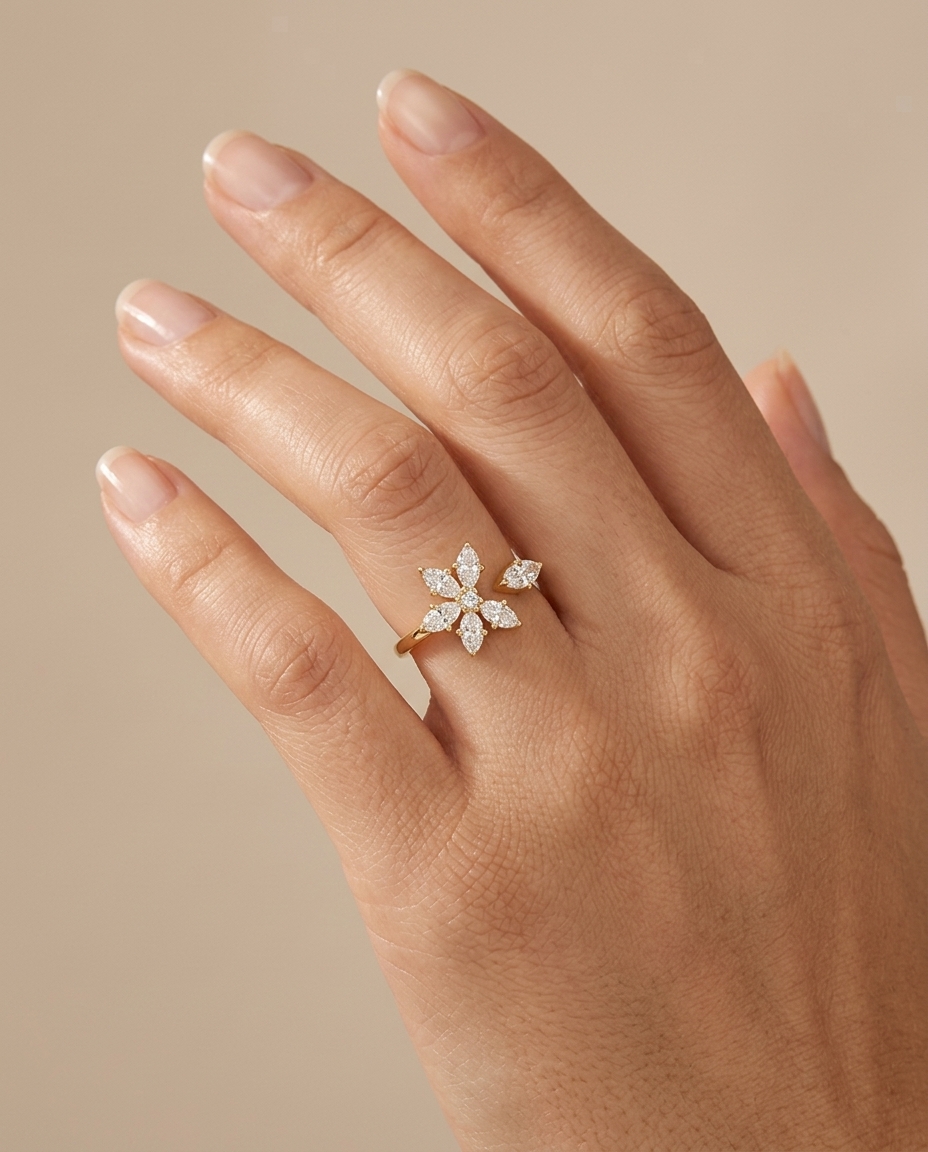 14KT Yellow Gold Diamond Flower Ring on model