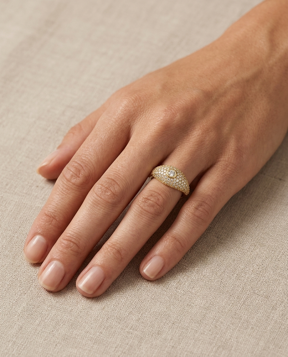 14KT Yellow Gold Pave Diamond Ring on model