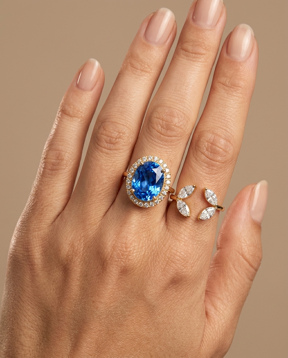 14KT Yellow Gold Diamonds and Oval Blue Sapphire Open Ring on model