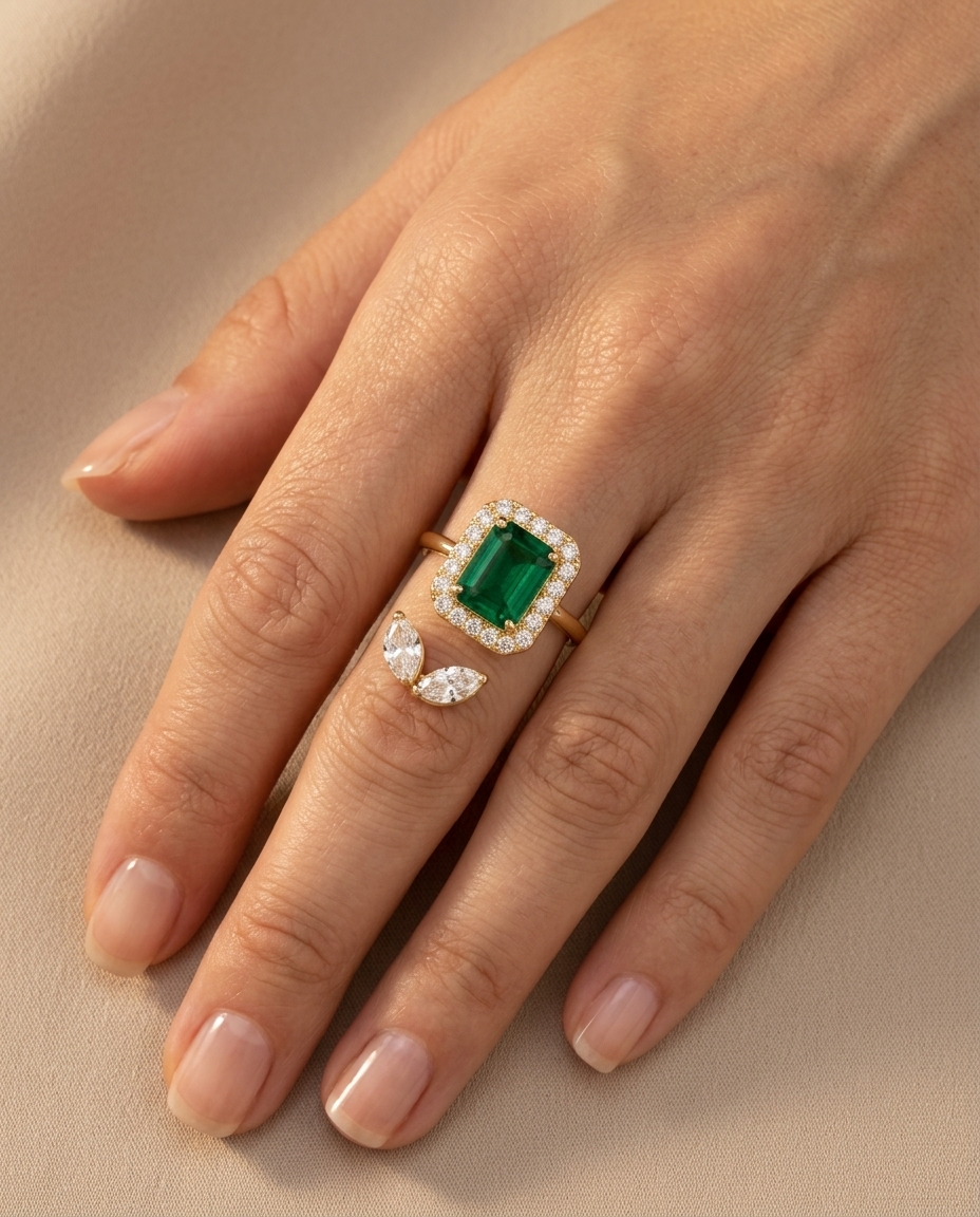 14KT Yellow Gold Diamonds and Emerald Open Ring on model