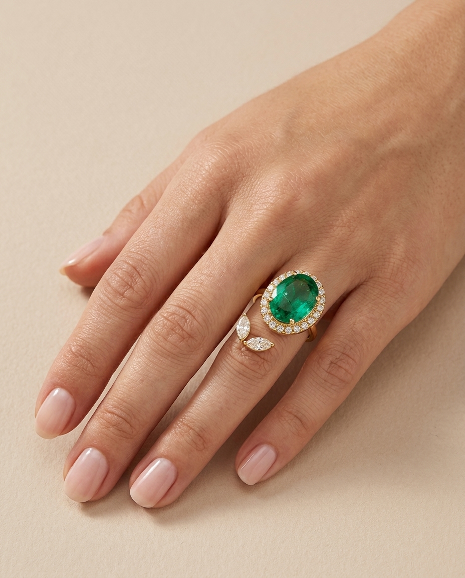 14KT Yellow Gold Diamonds and Oval Emerald Open Ring on model