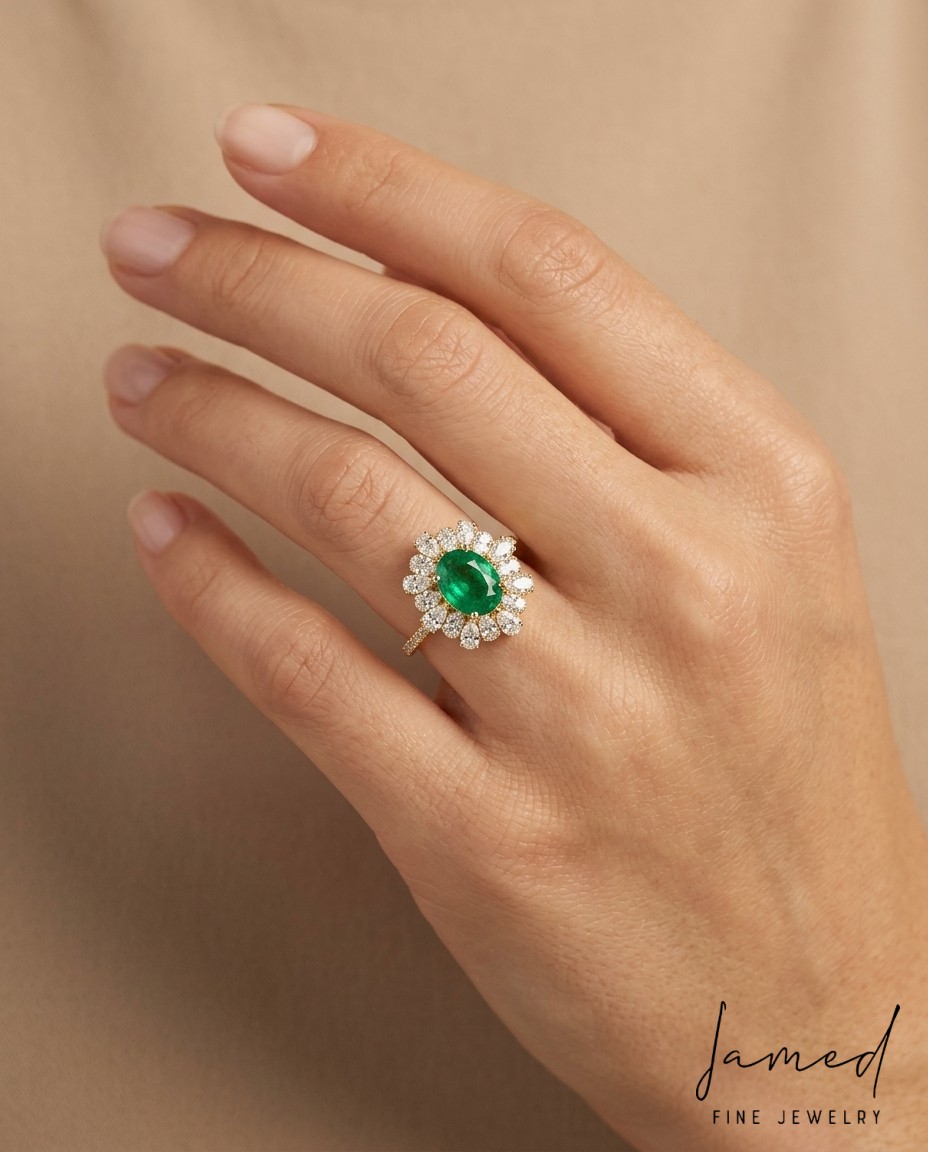 14KT Yellow Gold Emerald and Diamonds Ring on model