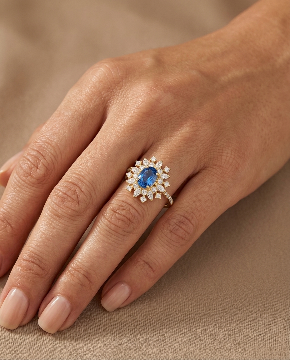 14KT Gold Blue Sapphire and Diamonds Ring on model