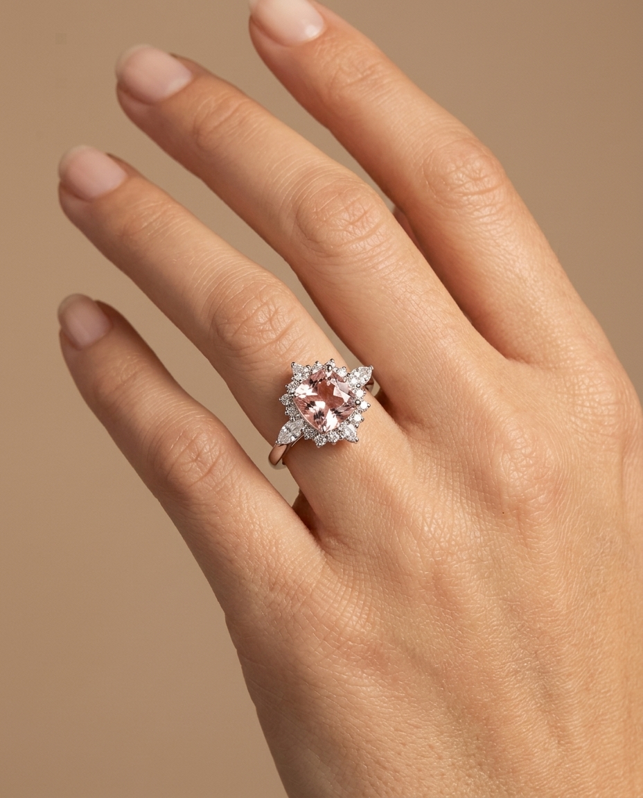 14KT Gold Morganite and Diamonds Ring on model