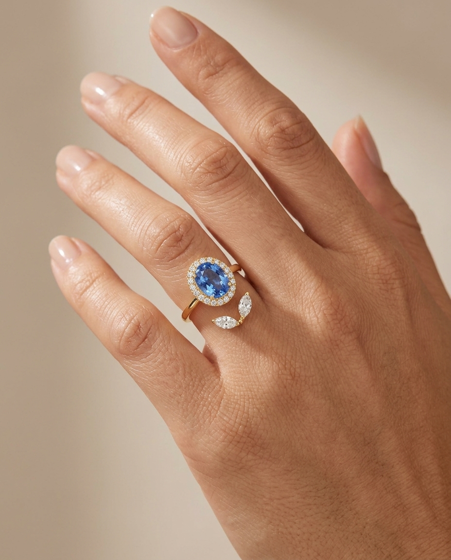 14KT Yellow Gold Blue Sapphire and Diamonds Ring on model