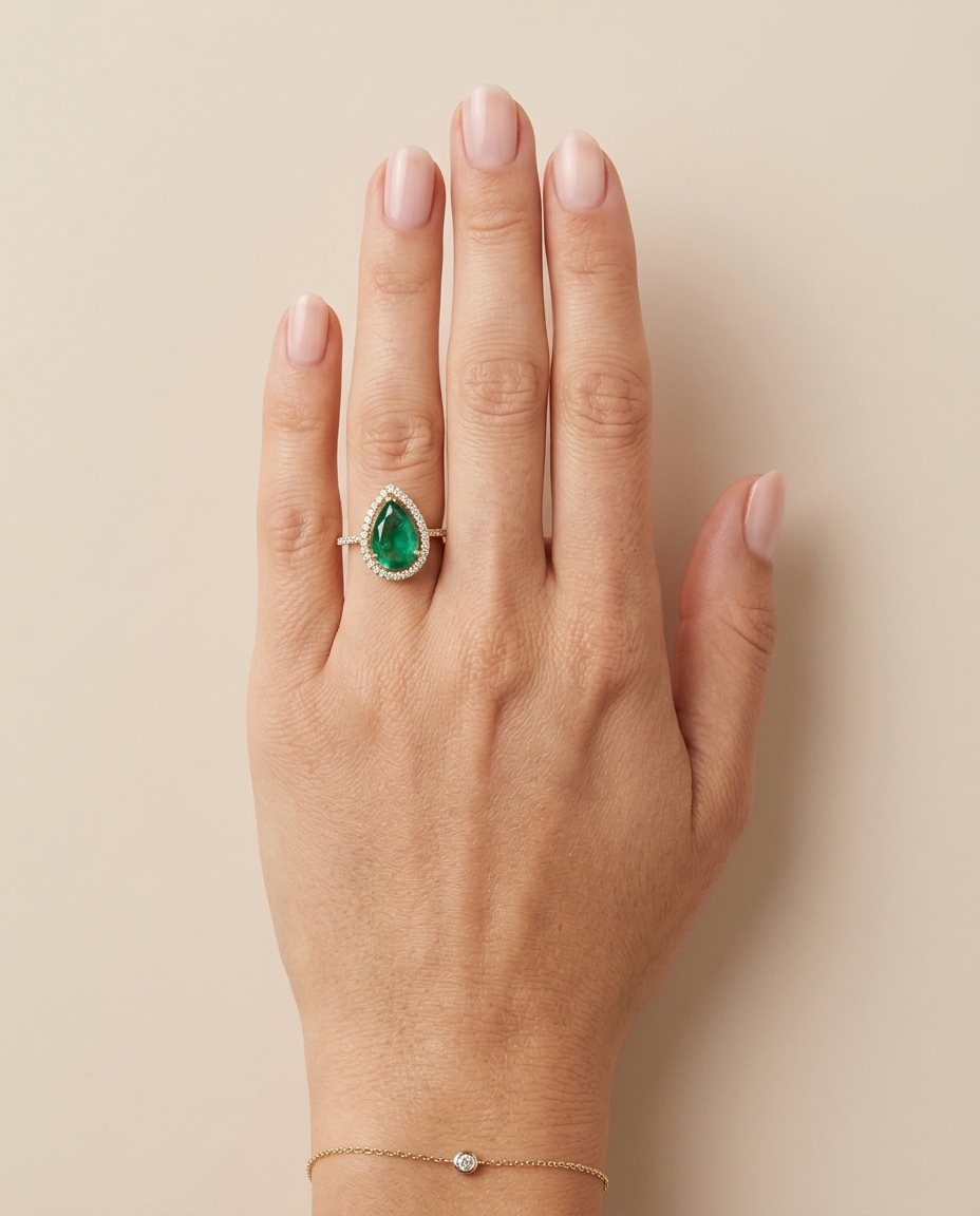 14KT Yellow Gold Emerald and Diamonds Ring on model