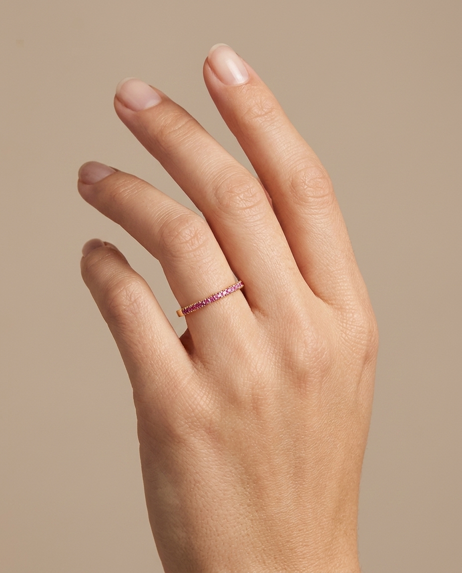 14KT Gold Pink Sapphire Ring Half Band view 2