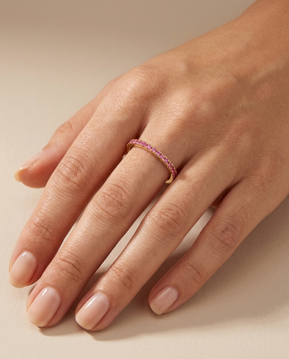 14KT Gold Pink Sapphire Ring Half Band view 2