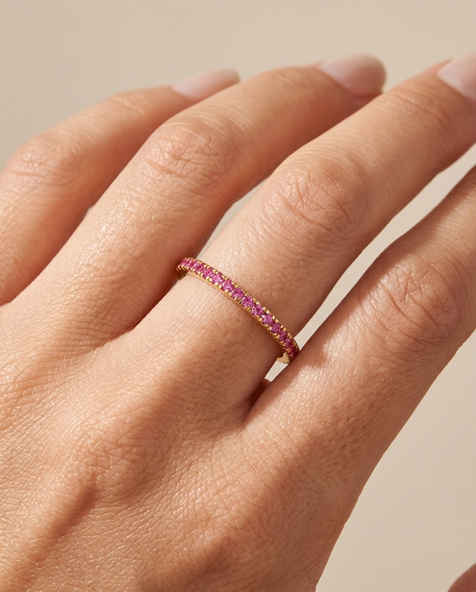 14KT Gold Pink Sapphire Ring Half Band on model