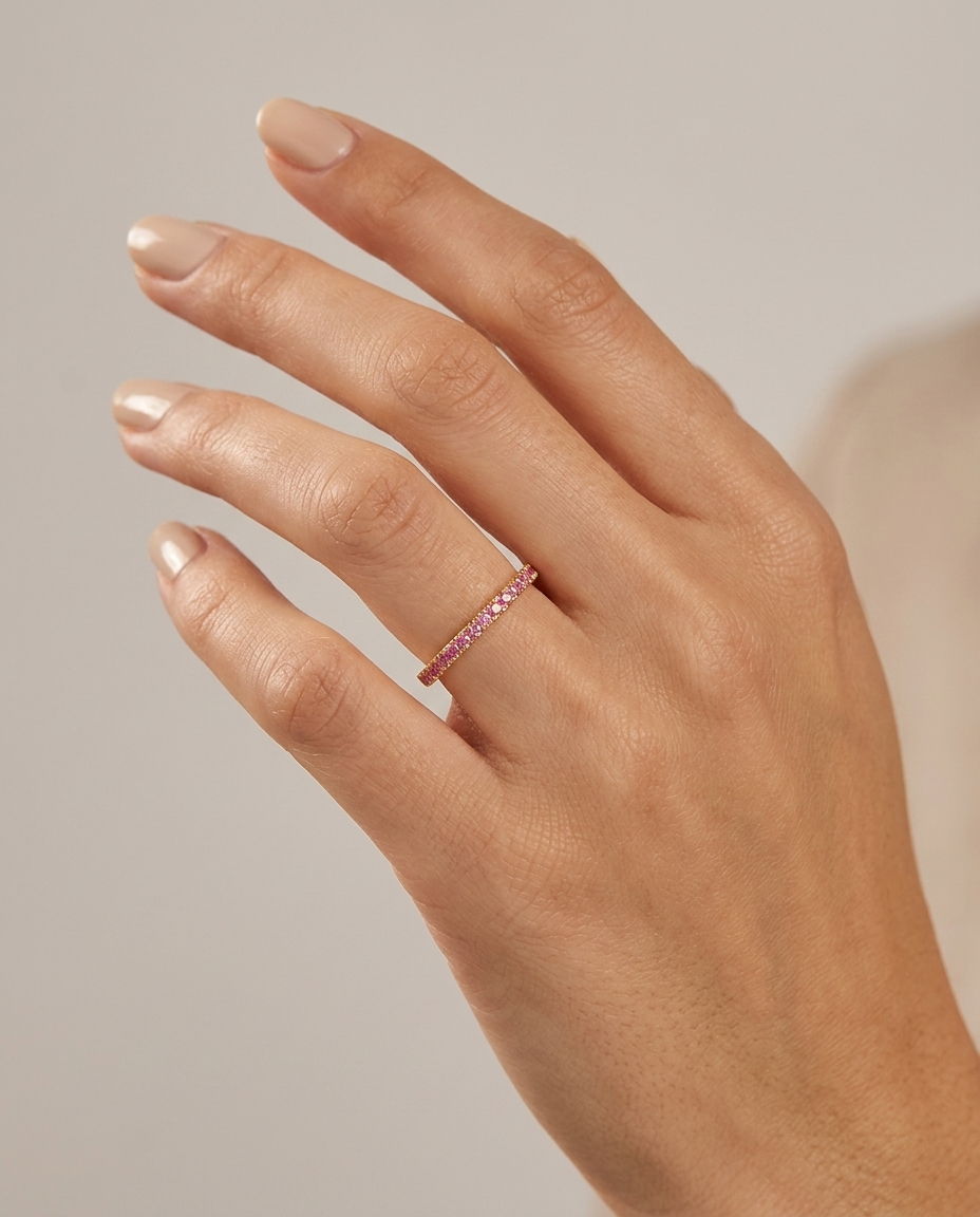 14KT Gold Pink Sapphire Ring Half Band on model