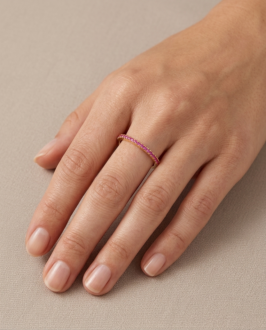 14KT Gold Pink Sapphire Ring Half Band on model