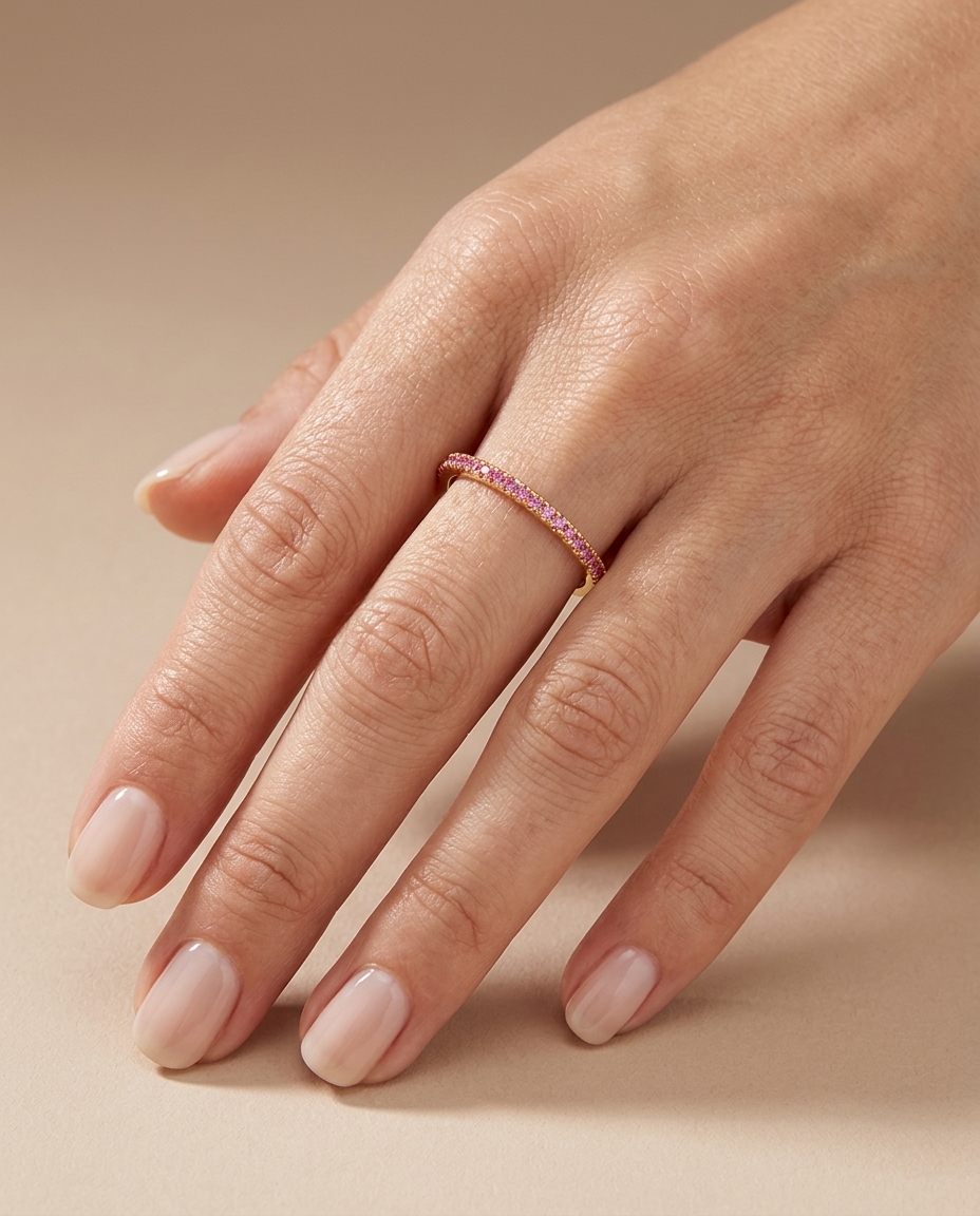 14KT Gold Pink Sapphire Ring Half Band on model