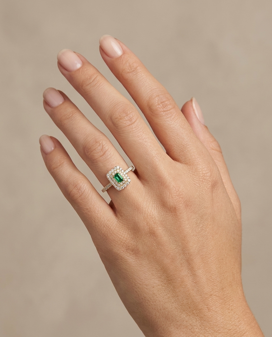 14KT Yellow Gold Emerald and Diamonds Ring view 2