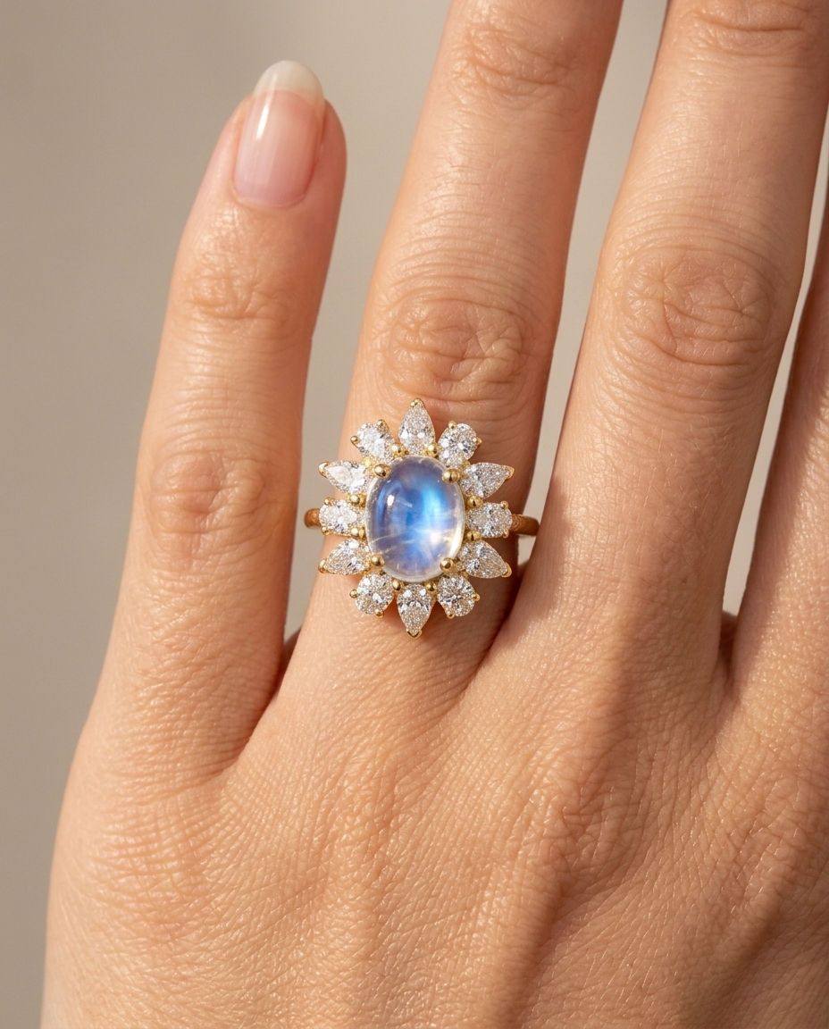 14KT Yellow Gold Rainbow Moonstone and Diamonds Ring on model