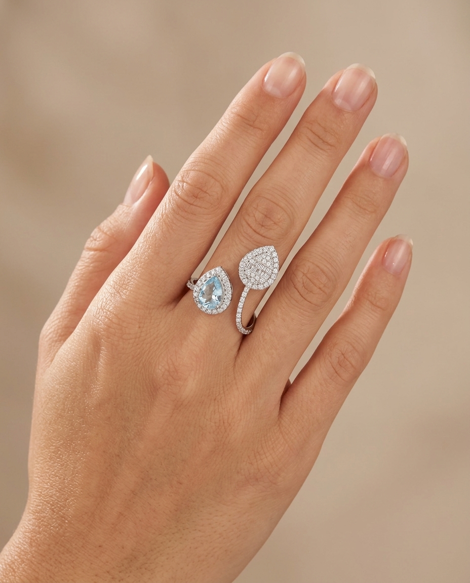 14KT White Gold Aquamarine and Diamonds Ring view 2