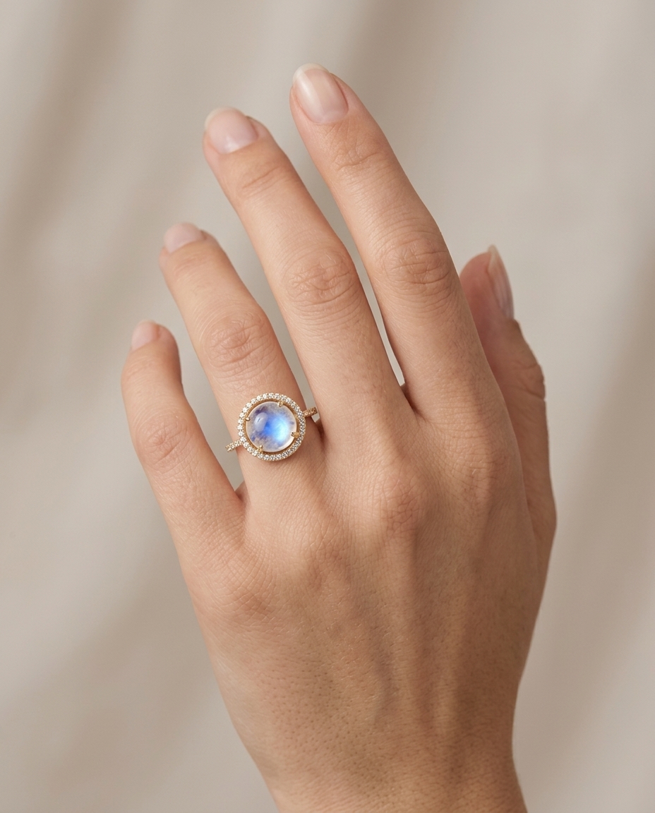 14KT Yellow Gold Rainbow Moonstone and Diamonds Ring on model