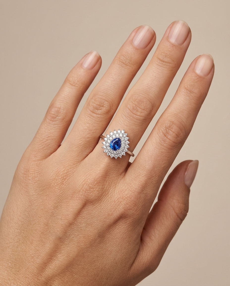 14KT White Gold Sapphire and Diamonds Ring on model