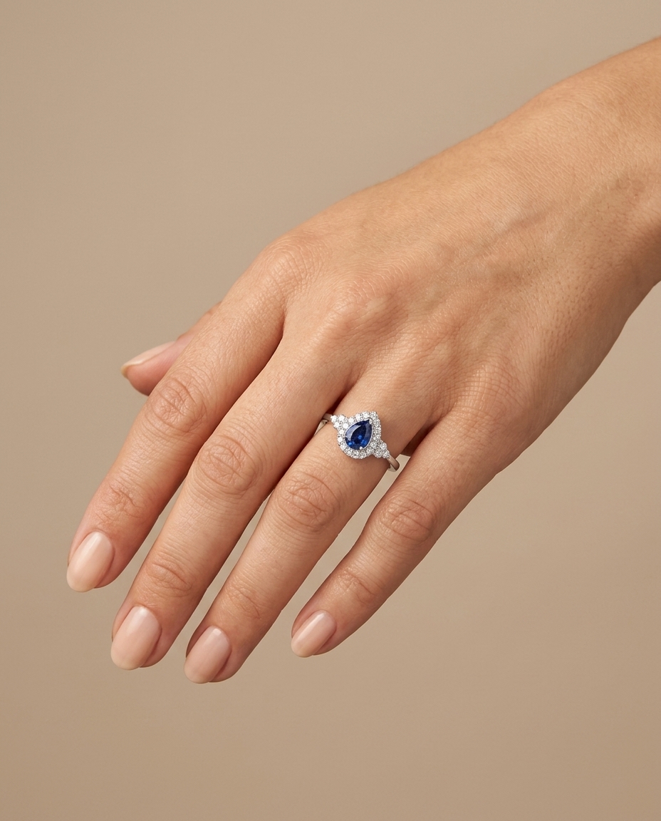 14KT White Gold Sapphire and Diamonds Ring on model