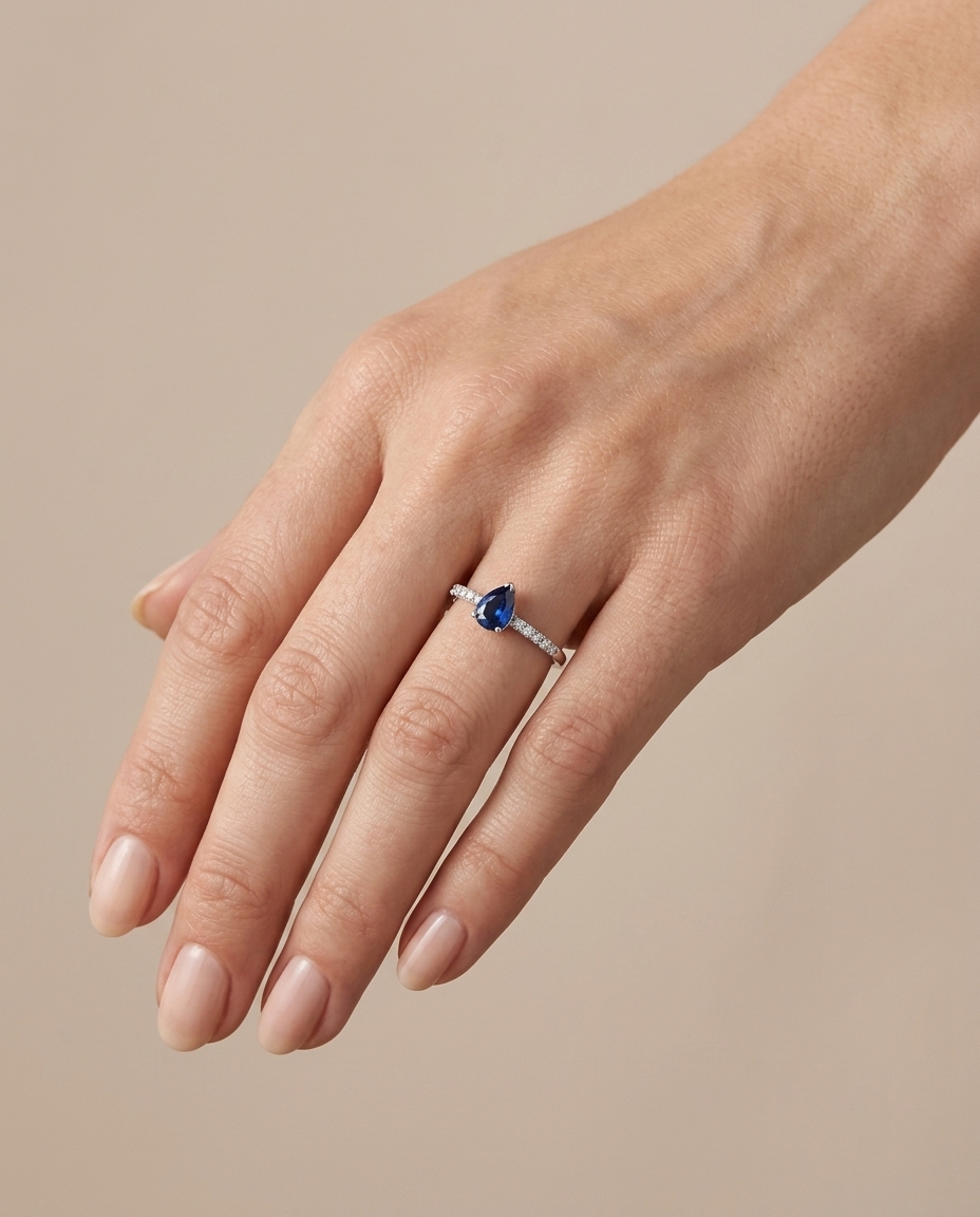 14KT White Gold Sapphire and Diamonds Ring on model