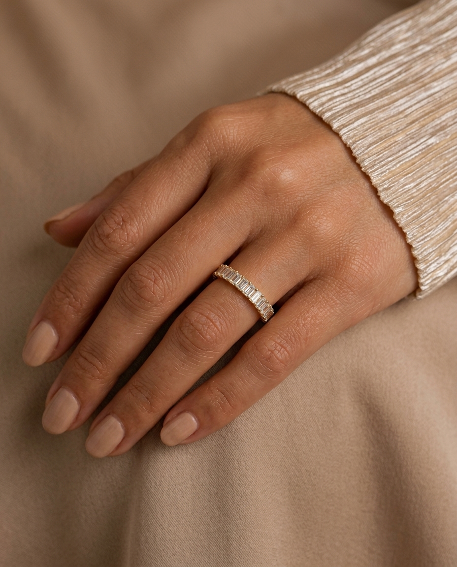 14KT Gold Emerald Cut Diamond Ring on model