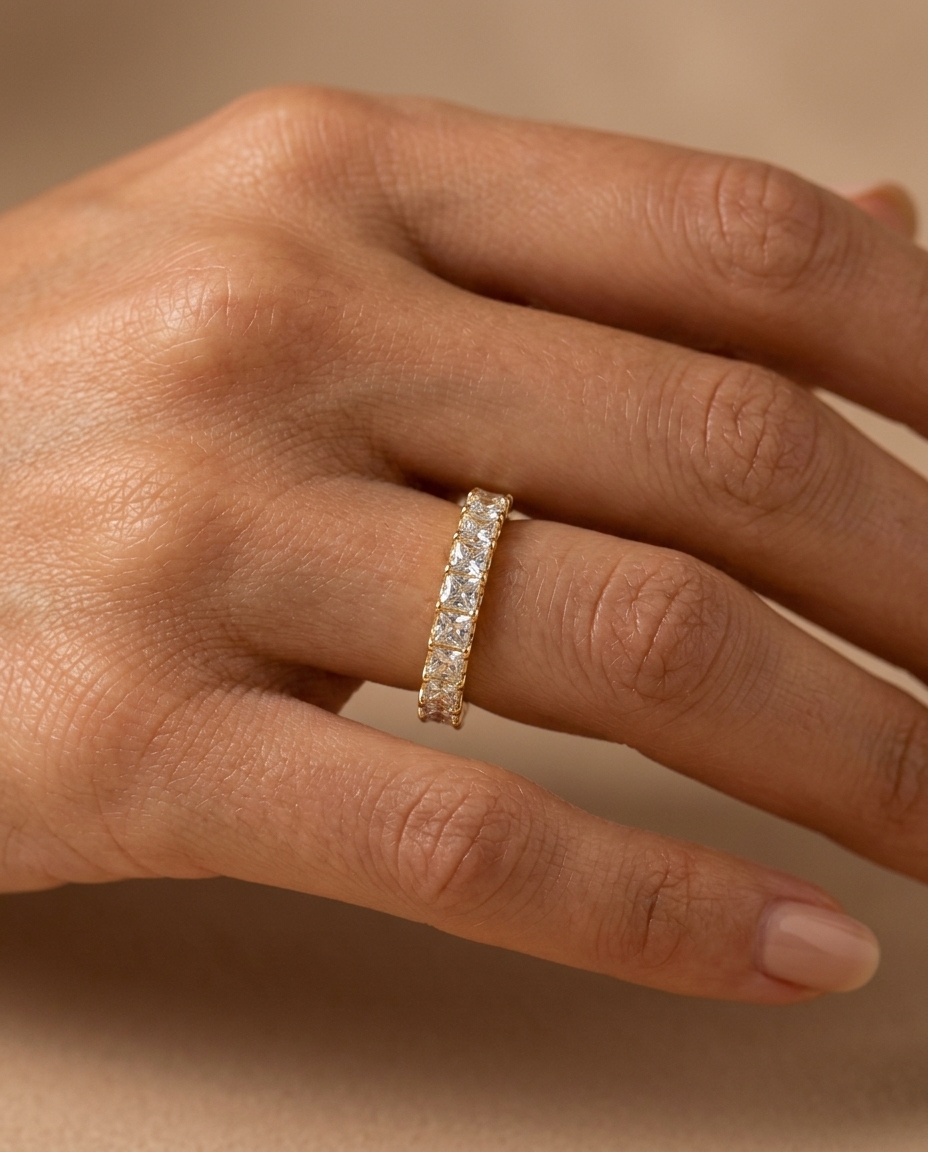 14KT Gold Emerald Cut Diamond Ring on model