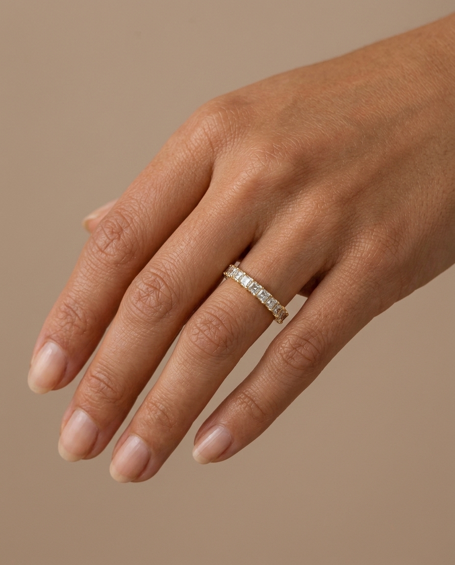 14KT Gold Emerald Cut Diamond Ring on model