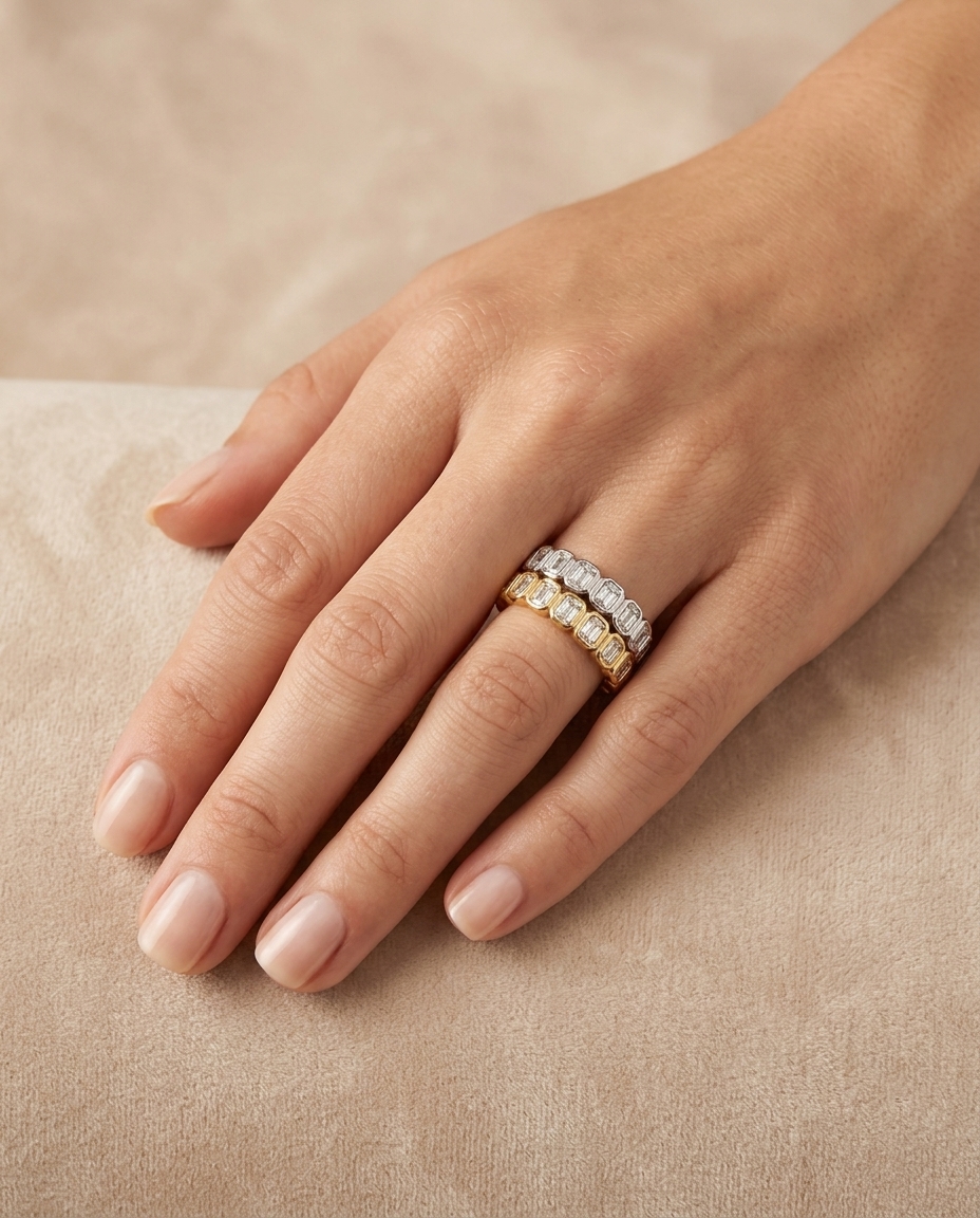14KT Yellow Gold Emerald Cut Diamond Ring on model