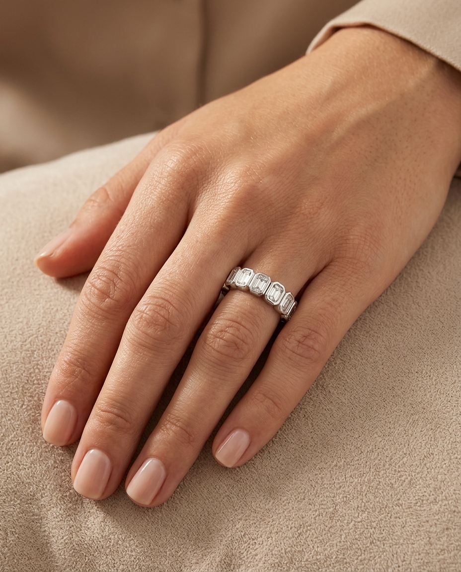 14KT White Gold Emerald Cut Diamond Ring on model