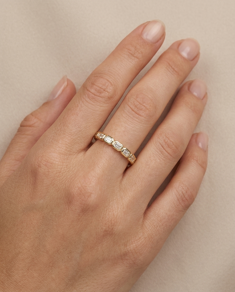 14KT Yellow Gold Emerald Cut Diamond Ring on model