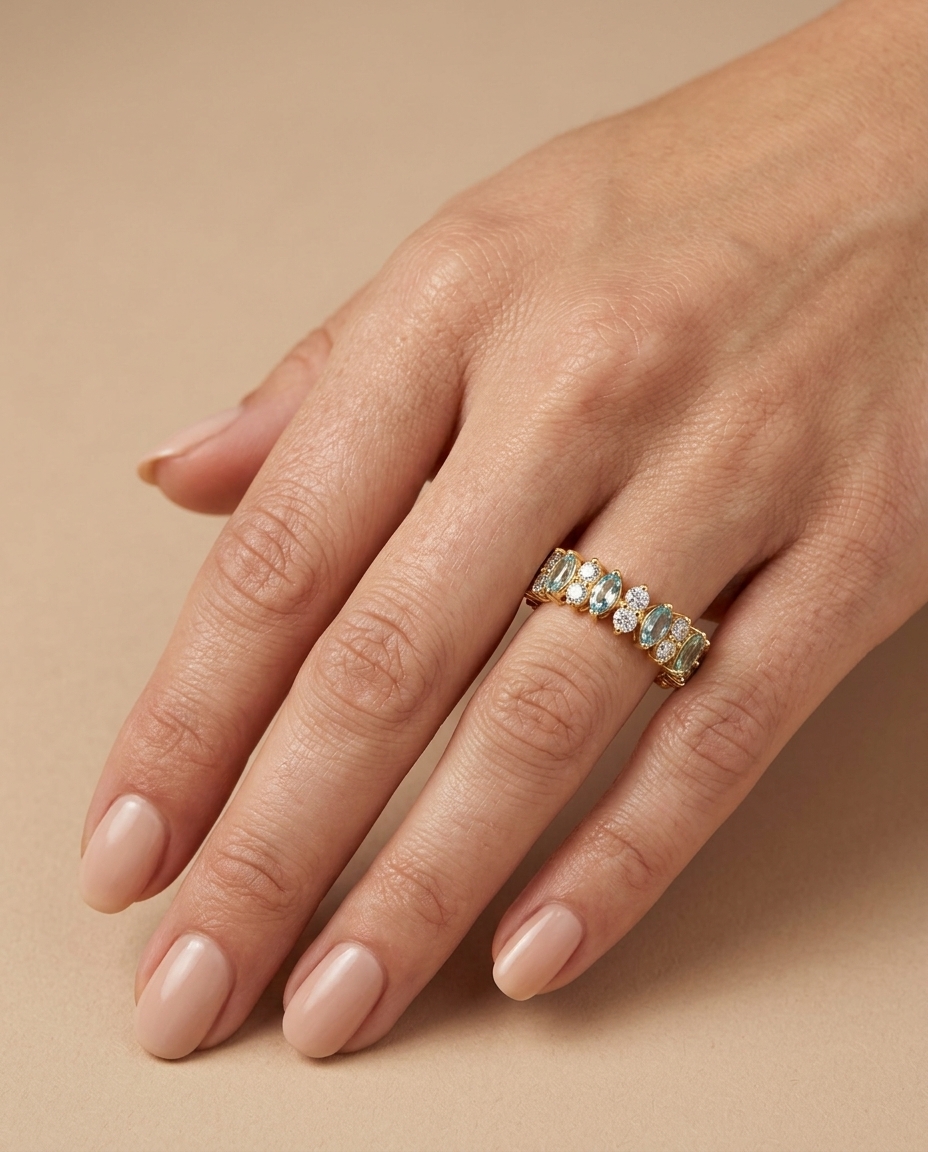 14KT Yellow Gold Marquise Shape Diamond and Aquamarine Eternity Band view 2