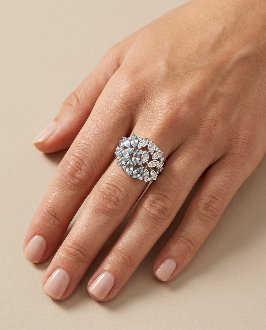 14KT White Gold Marquise Shape Aquamarine and Diamonds Cocktail Ring view 2