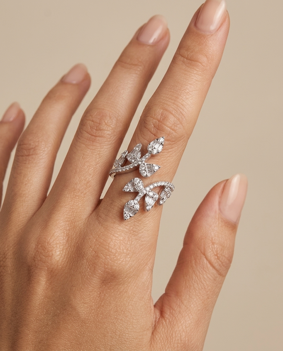 14KT White Gold Open Leaf Diamonds Ring on model