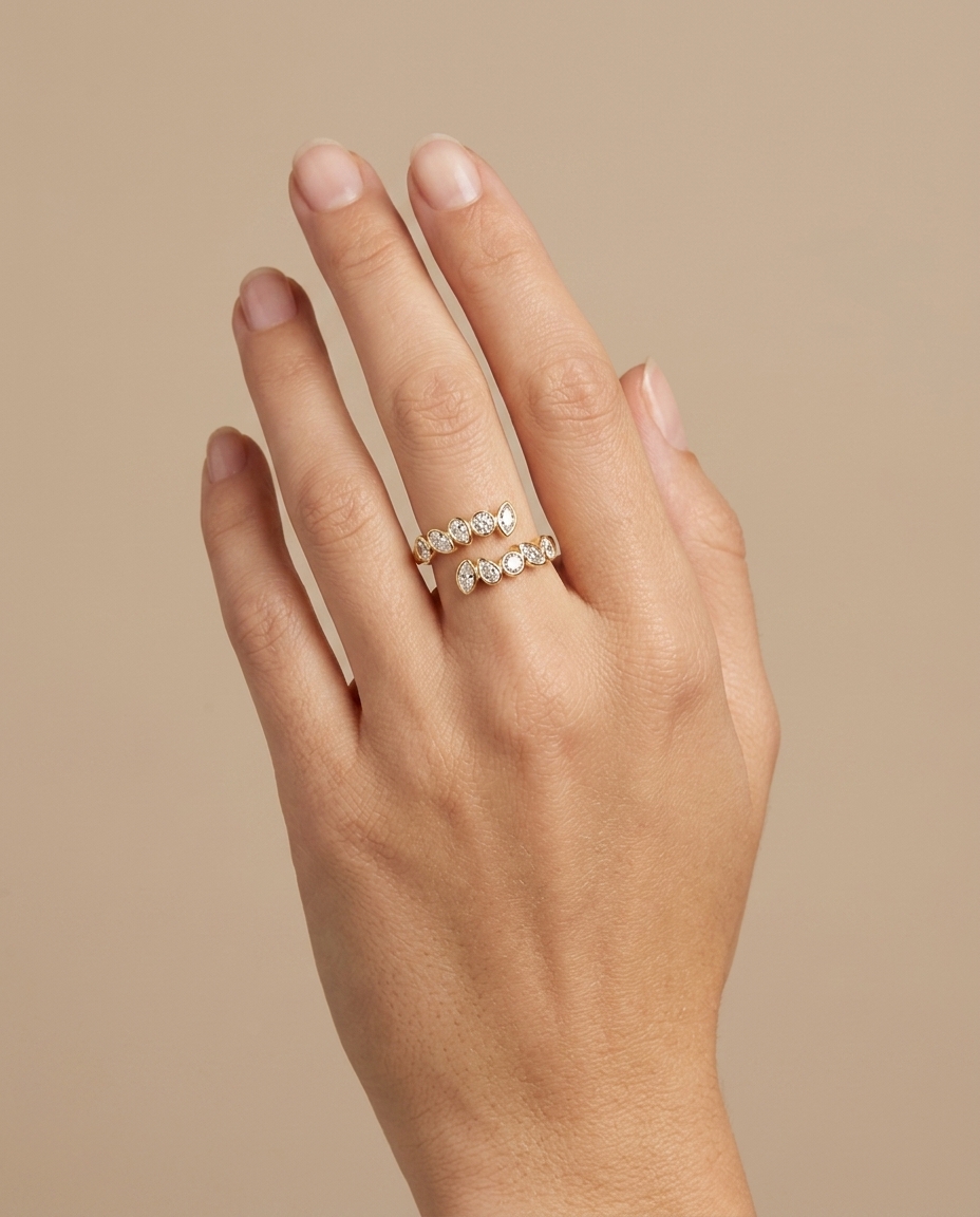 14KT Yellow Gold Bezeled Diamond Wrap Around Ring on model