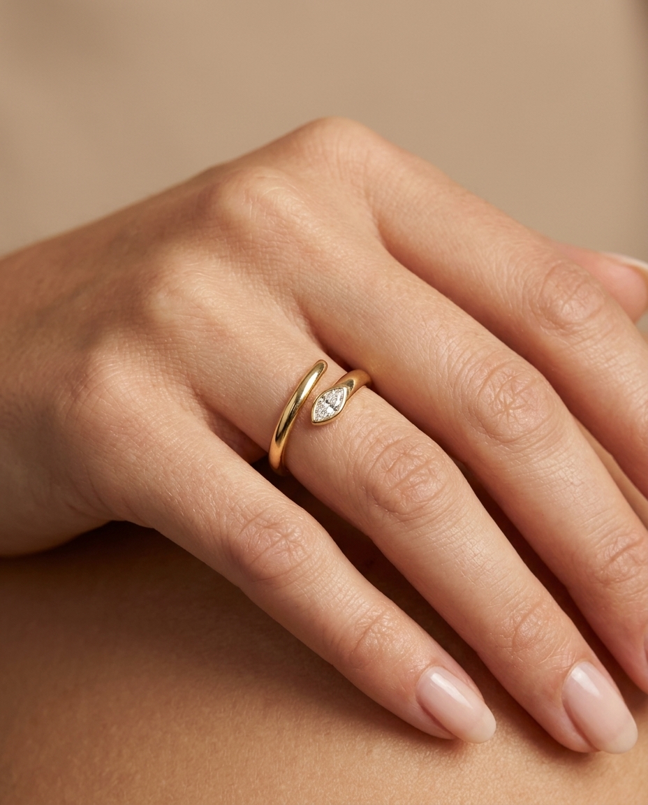 14KT Gold Wrap Around Ring with Single Diamond on model