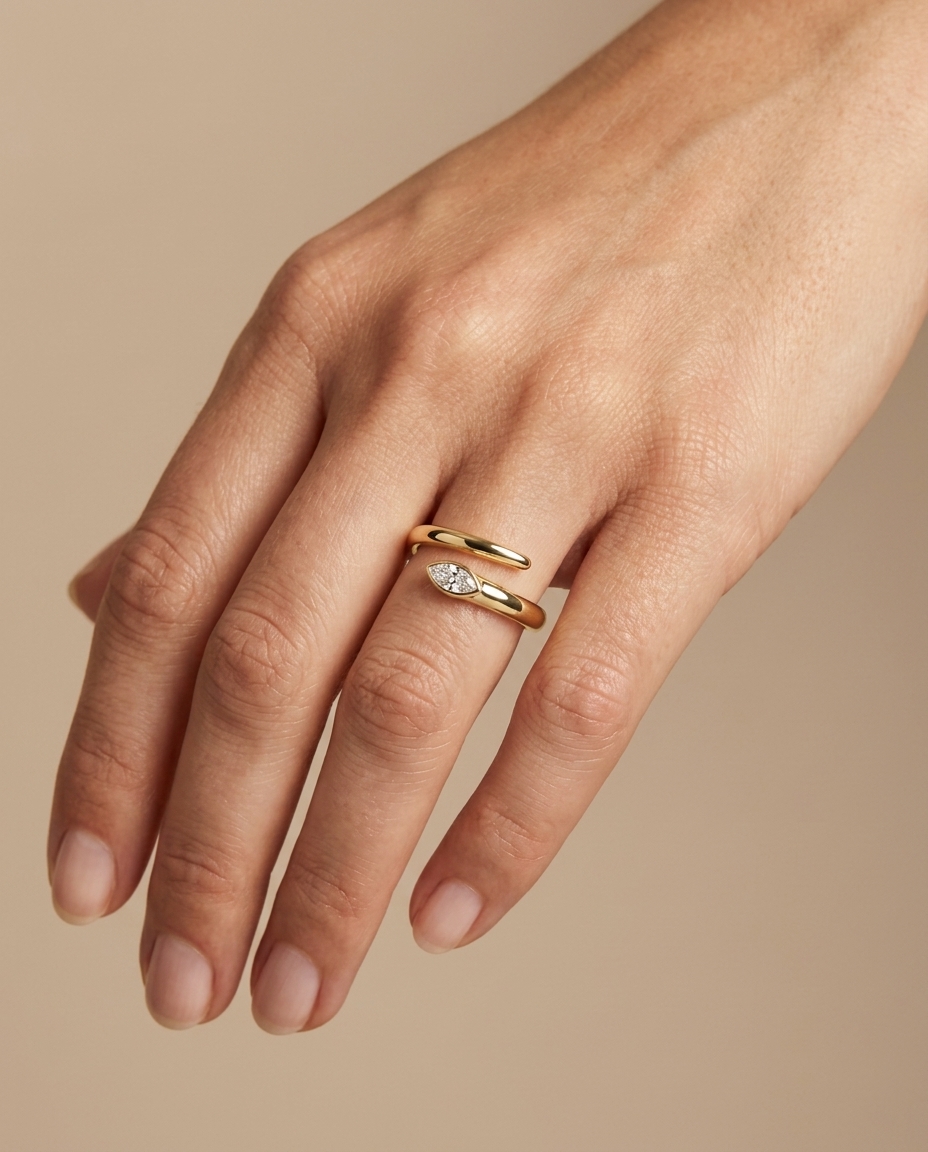 14KT Gold Wrap Around Ring with Single Diamond on model