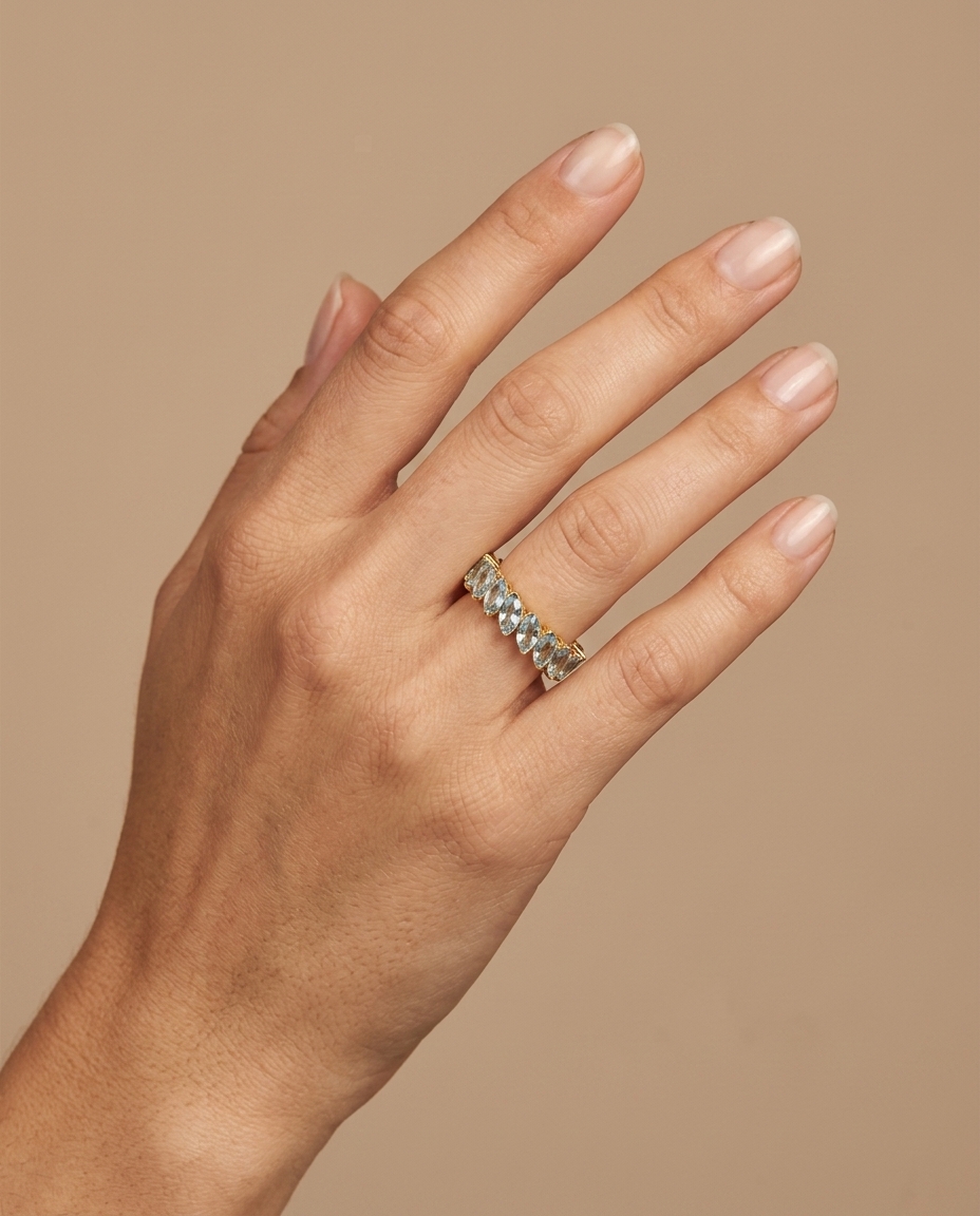 14KT Yellow Gold Marquise Shape Aquamarine Eternity Band view 2