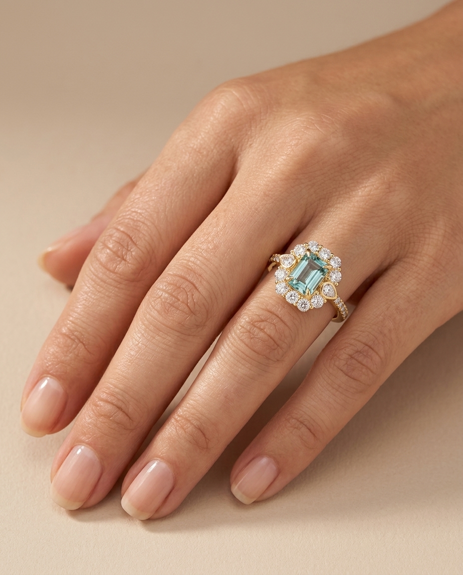 14KT Gold Aquamarine and Diamond Ring on model