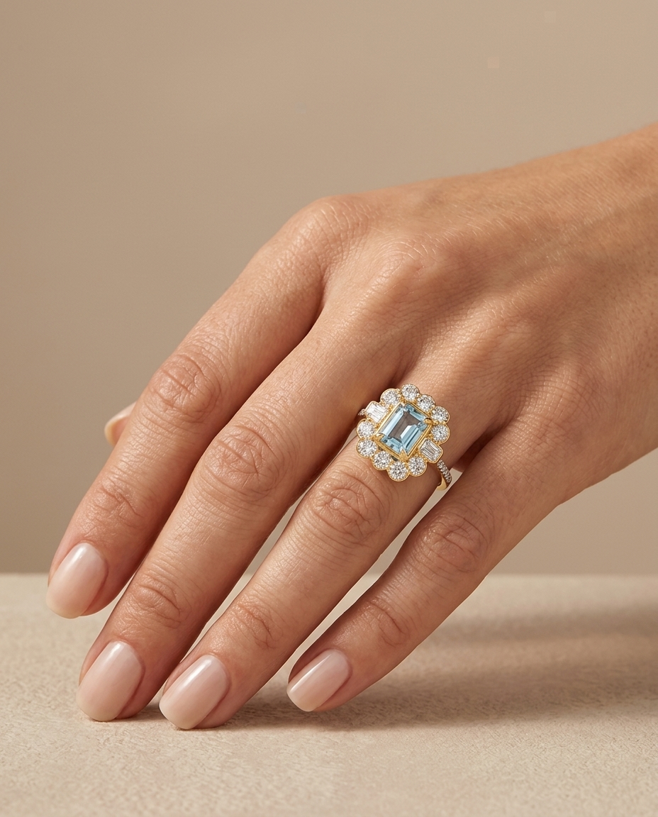 14KT Gold Aquamarine and Diamonds Ring view 2