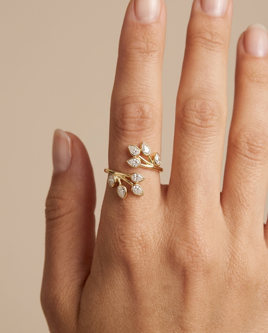 14KT Gold Branch Leaf Design Bezeled Diamond Ring view 2