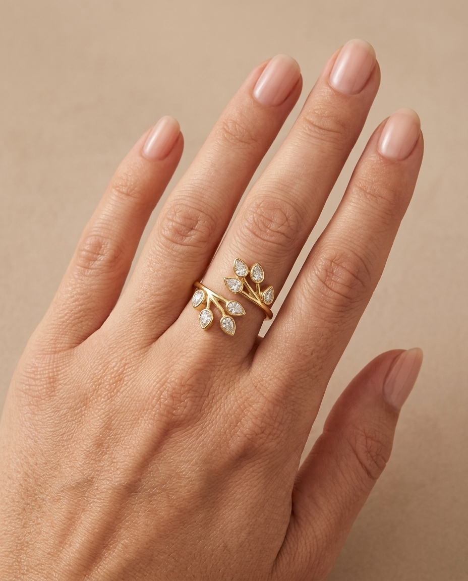 14KT Gold Branch Leaf Design Bezeled Diamond Ring on model