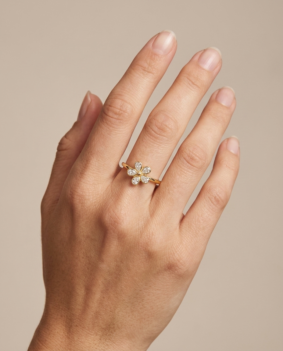 14KT Gold Bezeled Diamond Flower Design Ring view 2