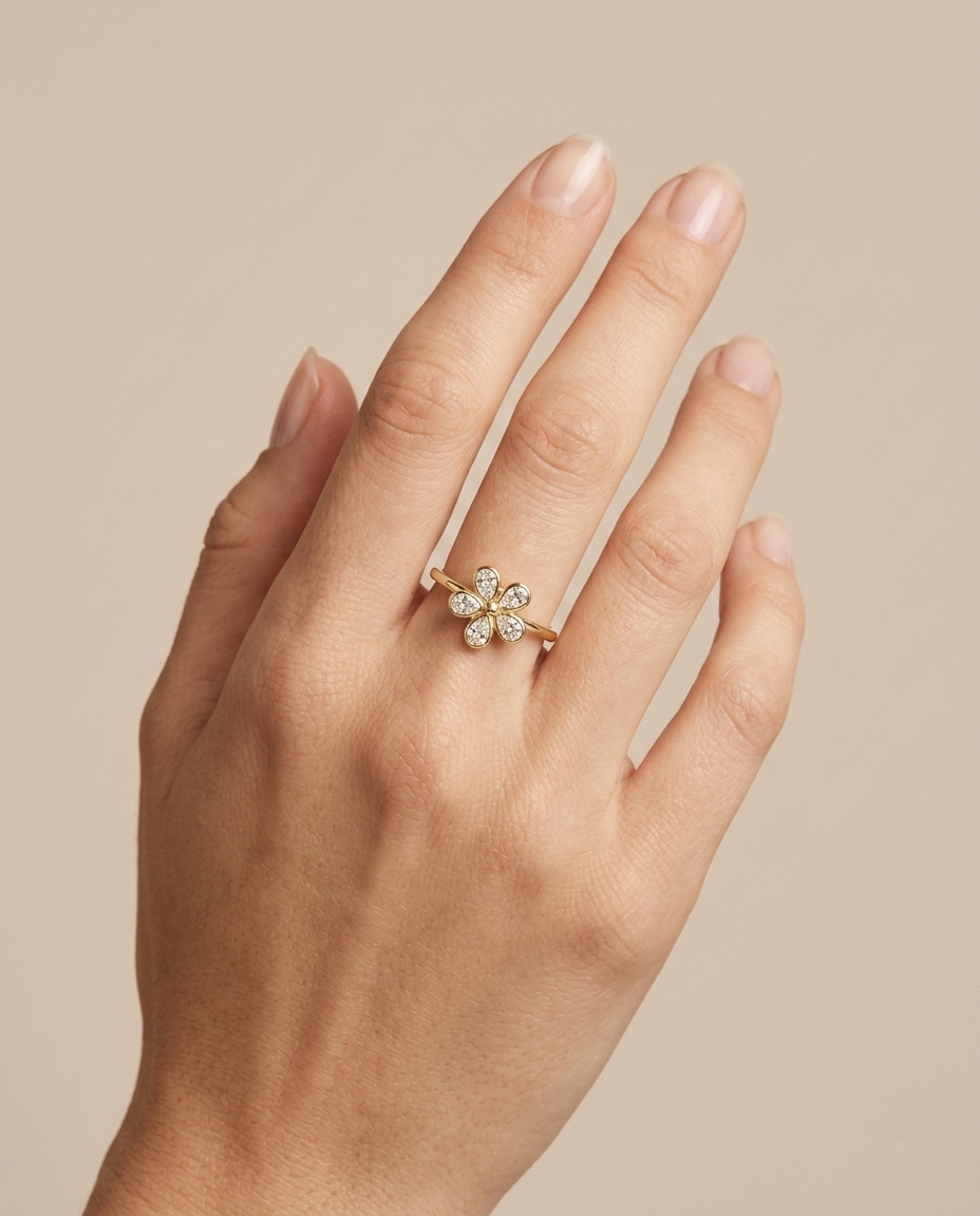 14KT Gold Bezeled Diamond Flower Design Ring on model